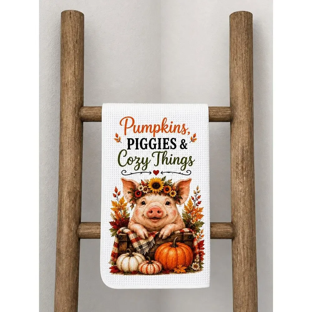 Fall Pig Kitchen Towel Pumpkins Piggies & Cozy Things Farmhouse Autumn Decor